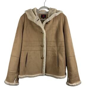 Vintage Penny Lane Gallery Coat Medium Tan Faux Suede Fur Trim Hooded Bohemian